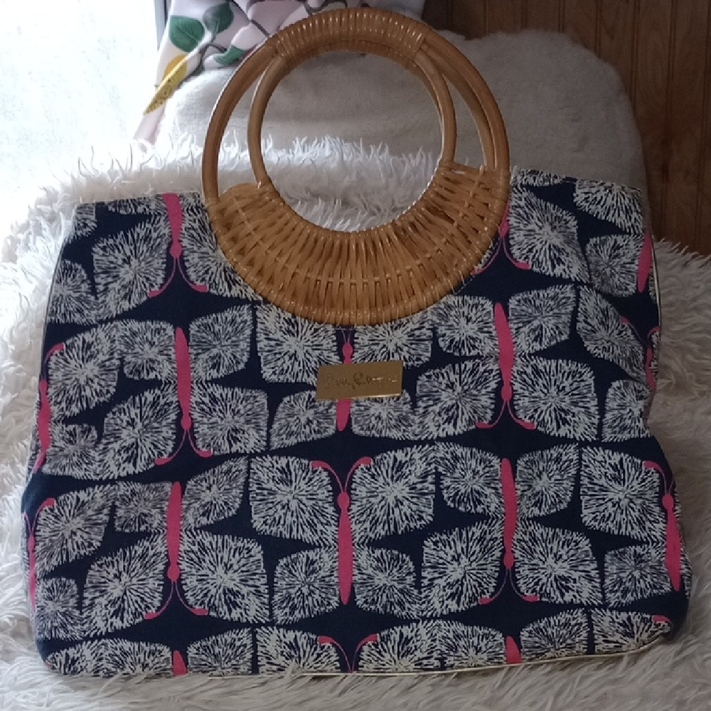 Lilly Pulitzer Navy and Pink Tote with Bamboo Accents